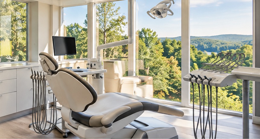 An unoccupied chair in a modern dental treatment room